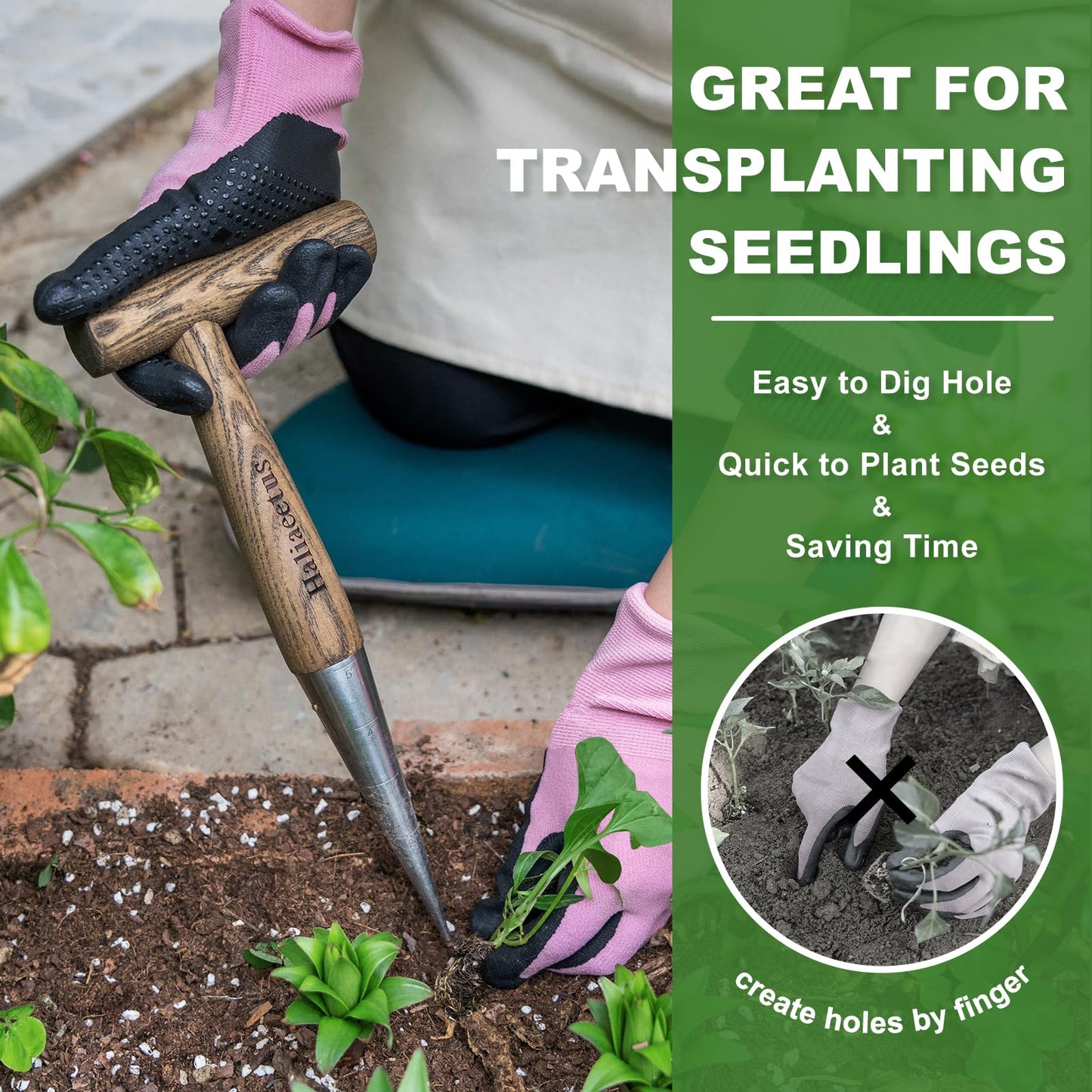 Haliaeetus Dibbler Gardening Tool with 5'' Measuring Scale, Easy to Grip L-Shaped Wood Handle Dibbler, Stamped Stainless Steel Tip Seed Dibber, 11.3'' Dibber for Sowing Seeds and Planting Seedlings