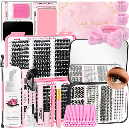 QUKLOGEN DIY Lash Extension Kit 930Pcs D Curl 9-18mm Lash with Lash Bond and Seal,Quick Glue Remover Lash Shampoo Cleansing Brush Headband Wristband Tweezers Eyelash Brush Mini Applicator