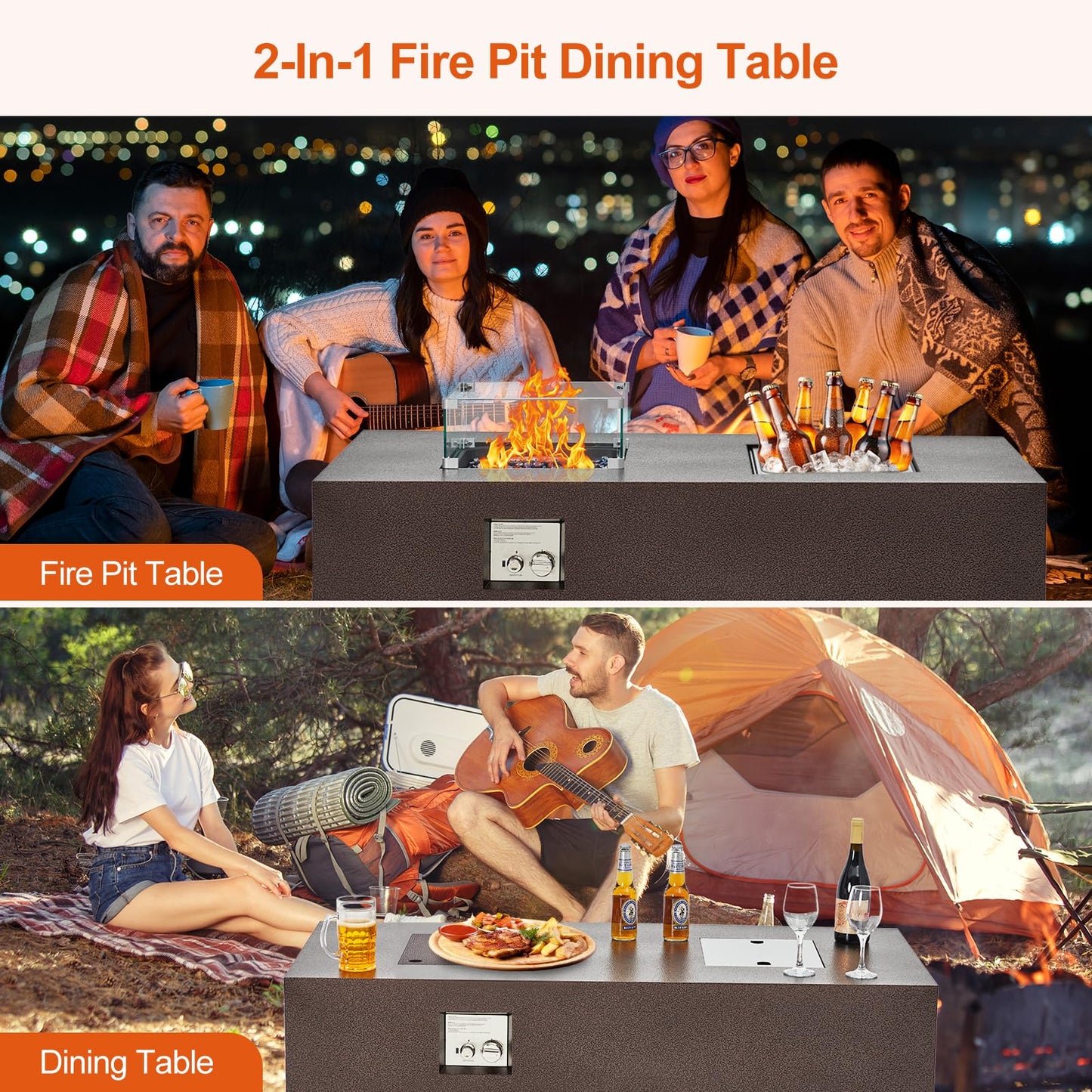 56 in Propane Fire Pit Table with Ice Bucket，50000BTU Fire Table with 13 in Square Drink Ice Bucket Wind Guard, Fire Glass Beads & CSA Safety Certified Outdoor Firepit for Patio Garden