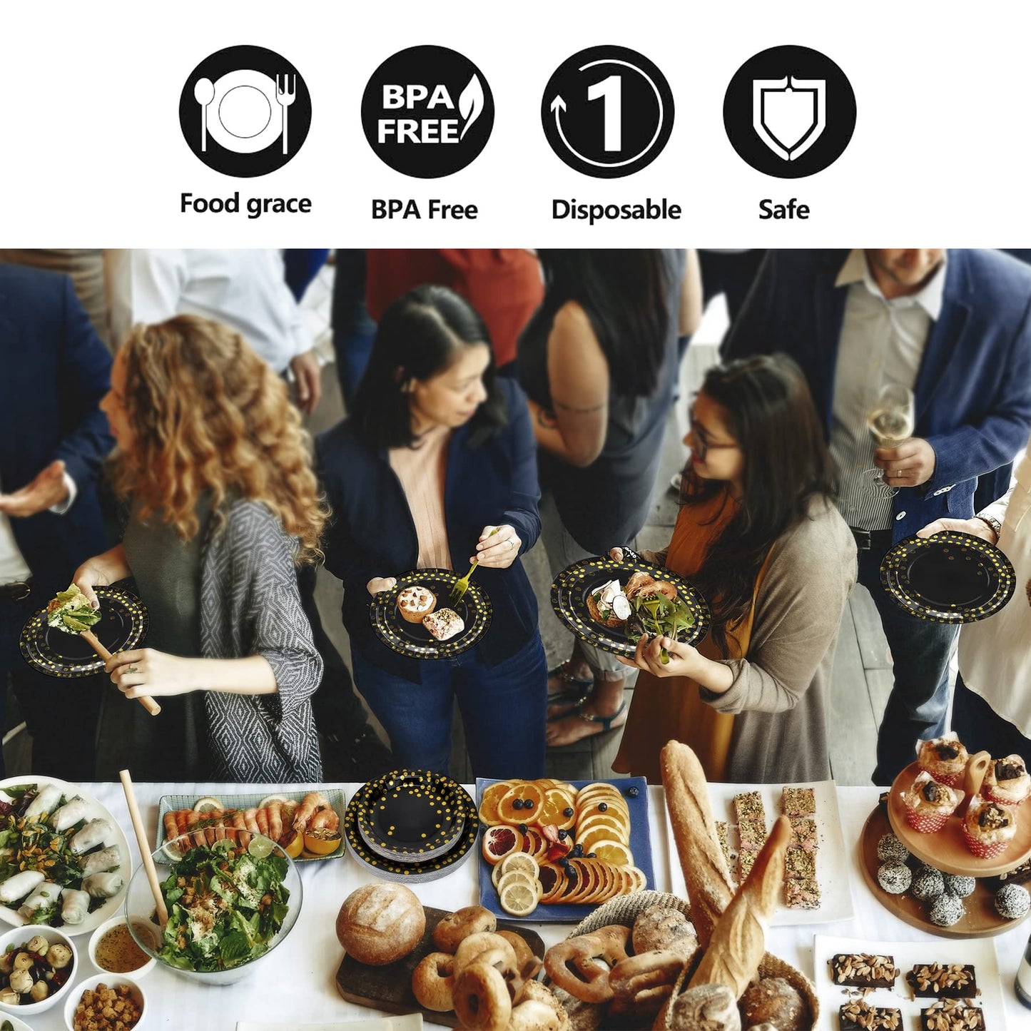 202pcs Eco-Friendly Disposable Black and Gold Paper Plates Supplies Bulk Dinnerware Decorations for Party Wedding Birthday Dinner Dessert (25 Guest)