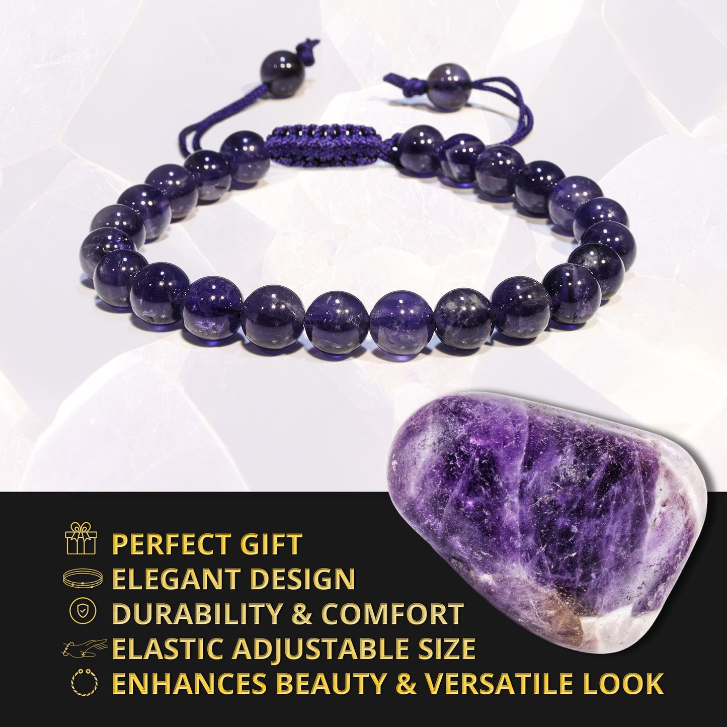 ANAYA AGATE Healing Crystal Bracelet – Chic Gemstone Bracelet for Men and Women – 8mm Round Bead Bracelets for Spiritual Healing, Protection, Positive Energy - Amethyst