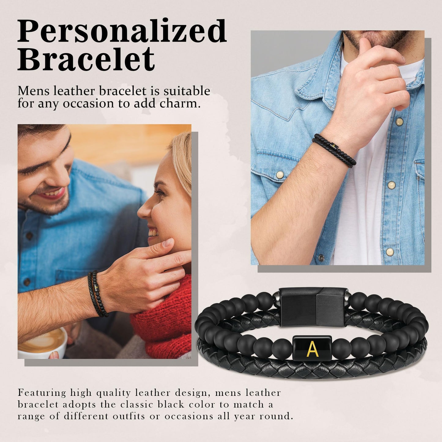 Bracelets for Men - Men Gifts Matte Agate Bead Magnetic Clasp Black Mens Leather Bracelet with Initial Black Mens Leather Bracelets Initial C Bracelet for Men's Jewelry Men's Gifts for Dad Husband Him