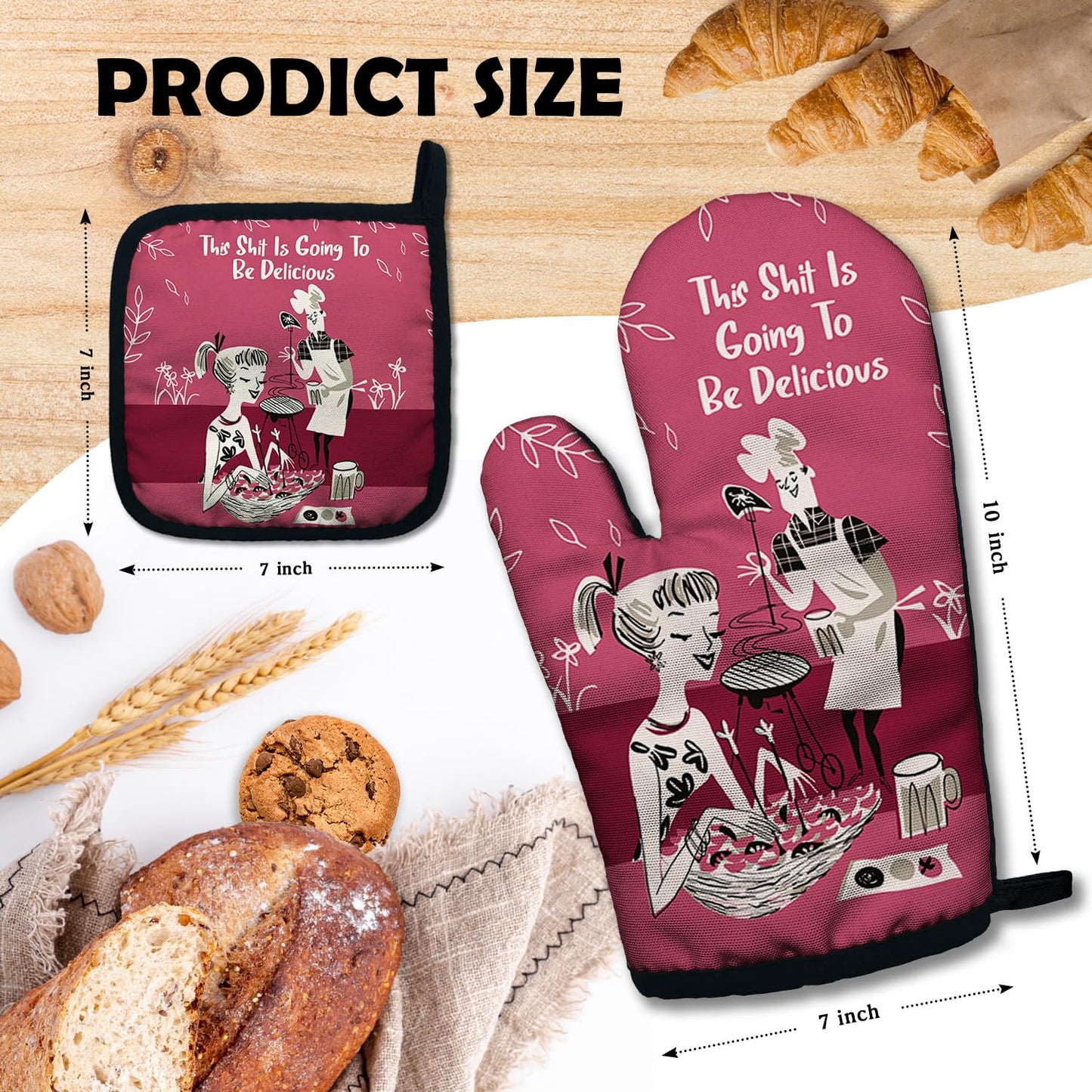 ZHANTUONE This Sxxt is Going to be Delicious Funny Heat Resistant Oven Mitts and Pot Holders Set with Silicone Non-Slip, Retro Adult Humor Cooking Baking BBQ Gadgets, Gifts for Chef Bakers Wife BFF