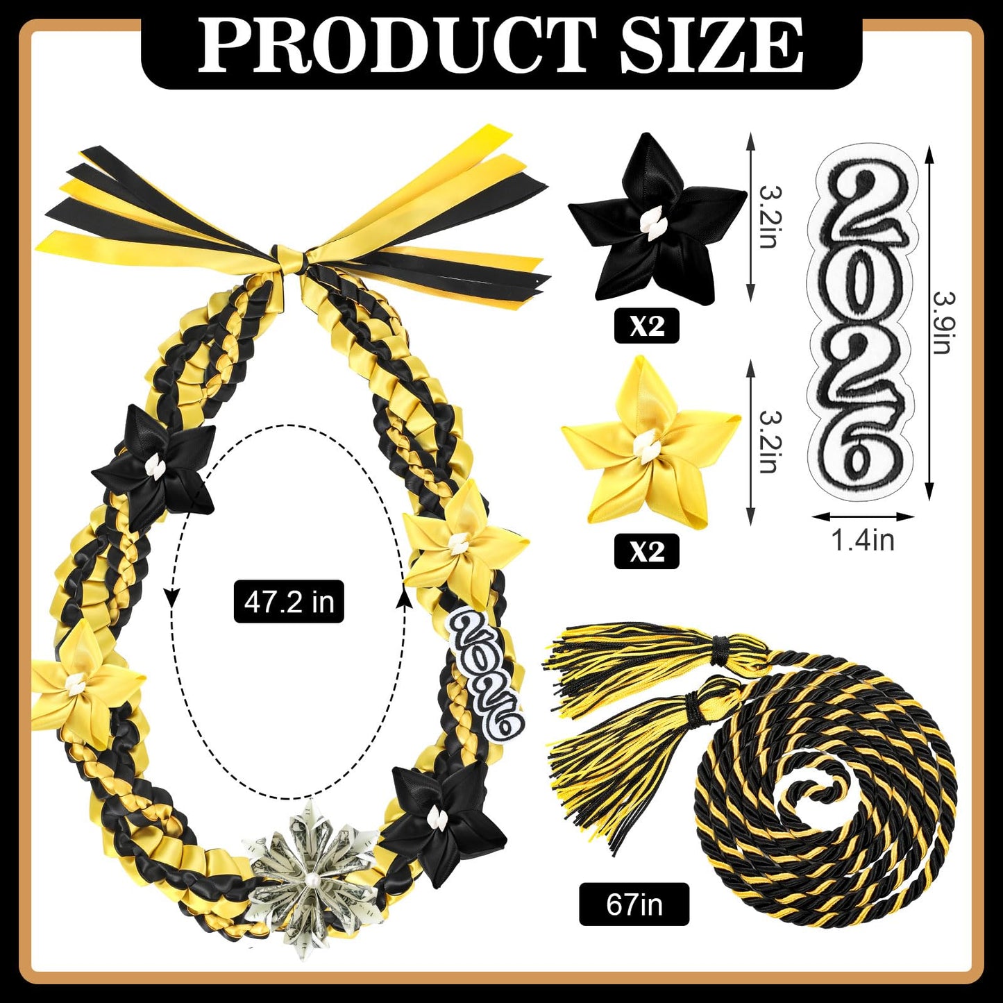 Craftsatin 2026 Graduation Money Leis with Honor Cord Class of 2026 Graduation Ribbon Money Leis Double Braided Handmade Necklace Kit for for High School College Grad Party Supplies(Gold Black)