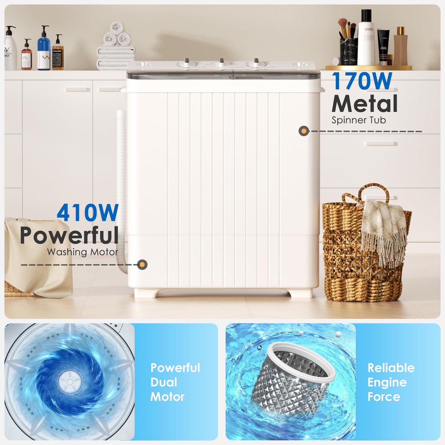 MarKnig Portable Washing Machine, 28lbs Twin Tub Mini Washer Compact Laundry Machine with Timer Knobs, Semi-automatic 18lbs Washer 10lbs Spinner Combo for Dorms, Apartments, Grey