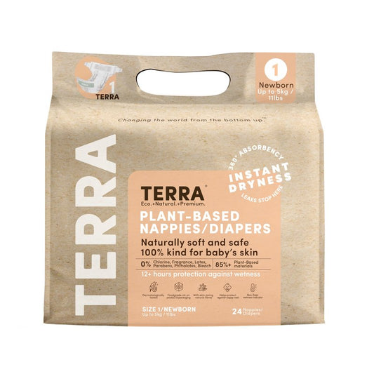 Terra Diapers Size 1 Newborn: 85% Plant-Based Diapers, Ultra-Soft & Chemical-Free for Sensitive Skin, Superior Absorbency for Day or Nighttime Diapers, Designed for Newborns up to 11 Pounds, 24 Count