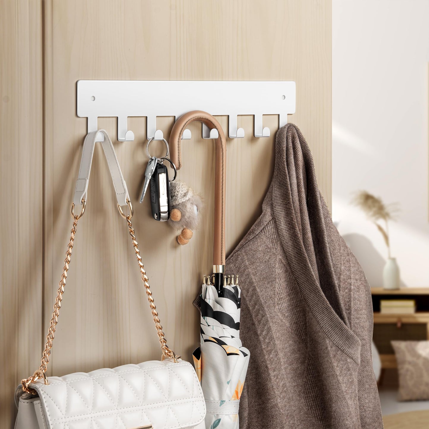 pickpiff Key Holder Wall Mount, Adhesive Key Rack with 8 Hooks Hanger for Car Key Ring, Metal Key Chain Organizer, White 1 Pack