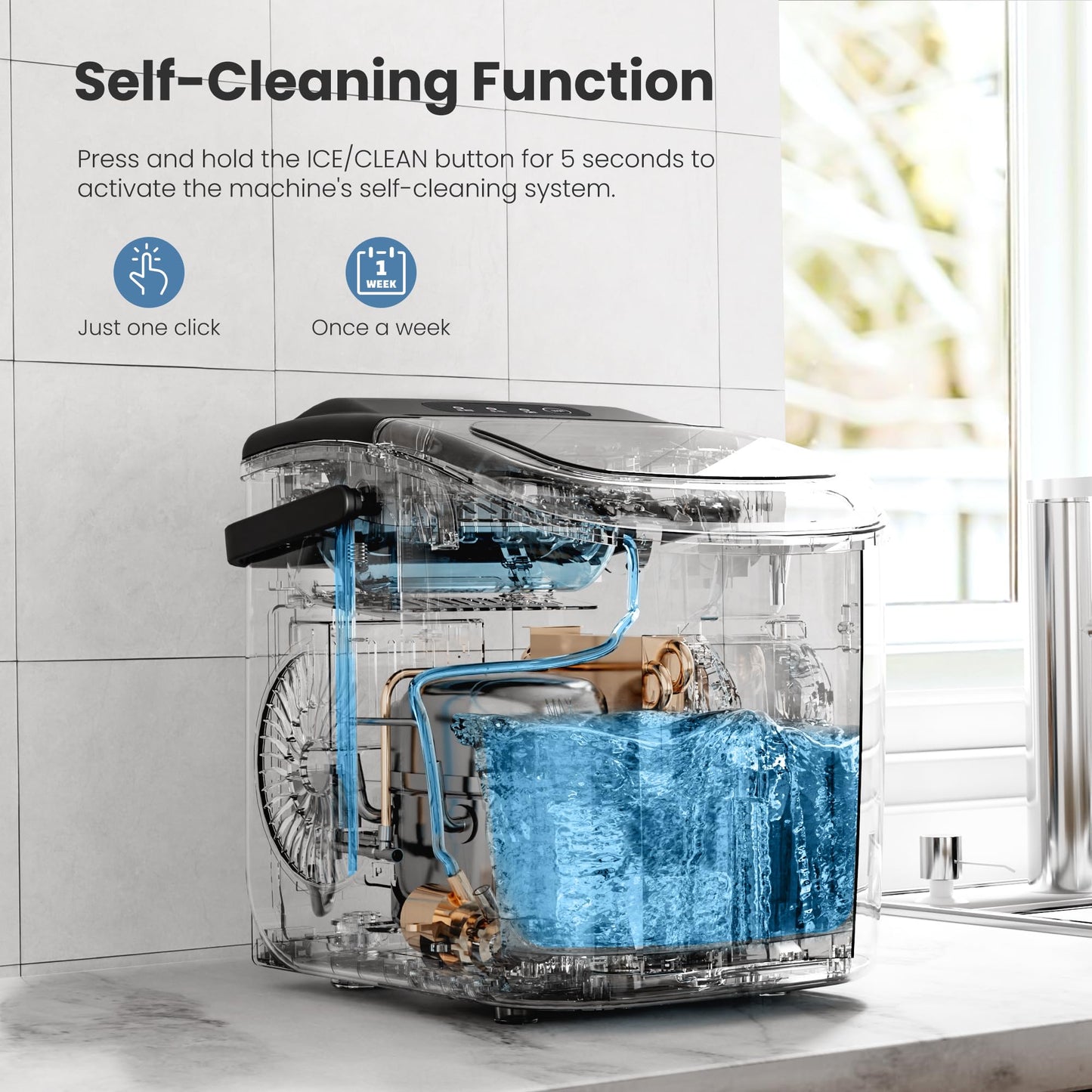 Crzoe Portable Countertop Ice Maker Machine with Handle, 9 Bullet-Shaped Ice Cubes Ready in 6 Mins, 26Lbs/24H, Self-Cleaning Function with Ice Scoop and Basket for Home/Kitchen/Party(Black)