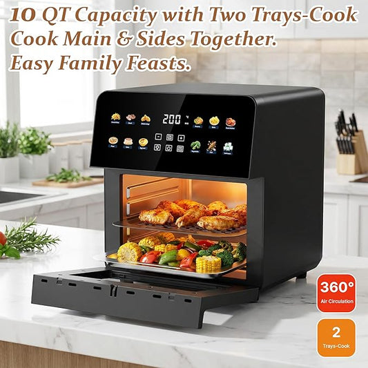 12QT Air Fryer Oven, 8-in-1 Air Fryer Toaster Oven Combo with 8 Presets, Family Size Countertop Oven with 2 Baking Racks & Gloves for Roasting, Baking, and Air Frying, Easy to Clean