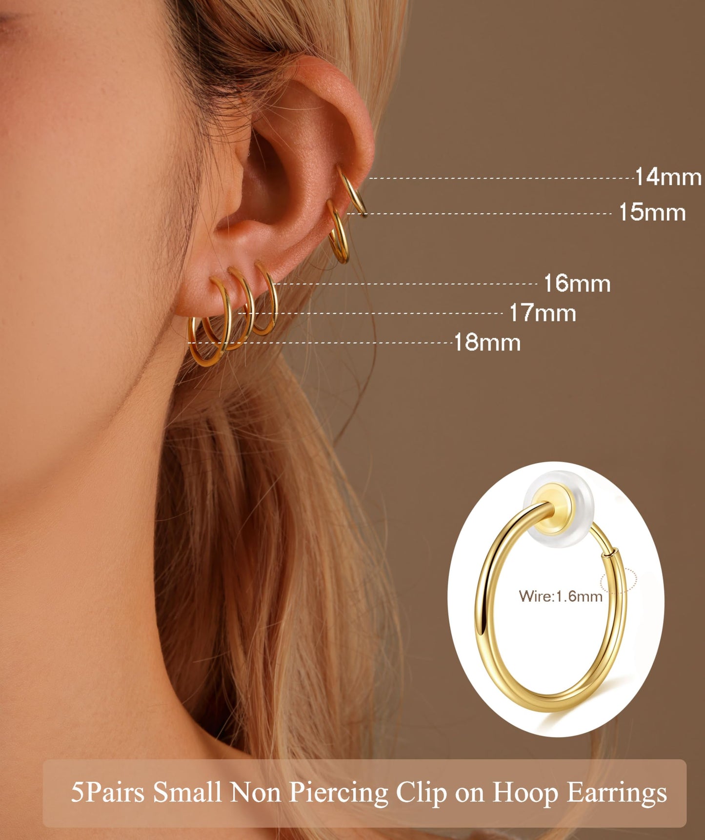 PLOMFOV Clip On Hoop Earrings for Women Small 14K Gold Plated Clip On Earrings Women Fake Hoop Earrings Non Pierced Earrings 14mm-18mm