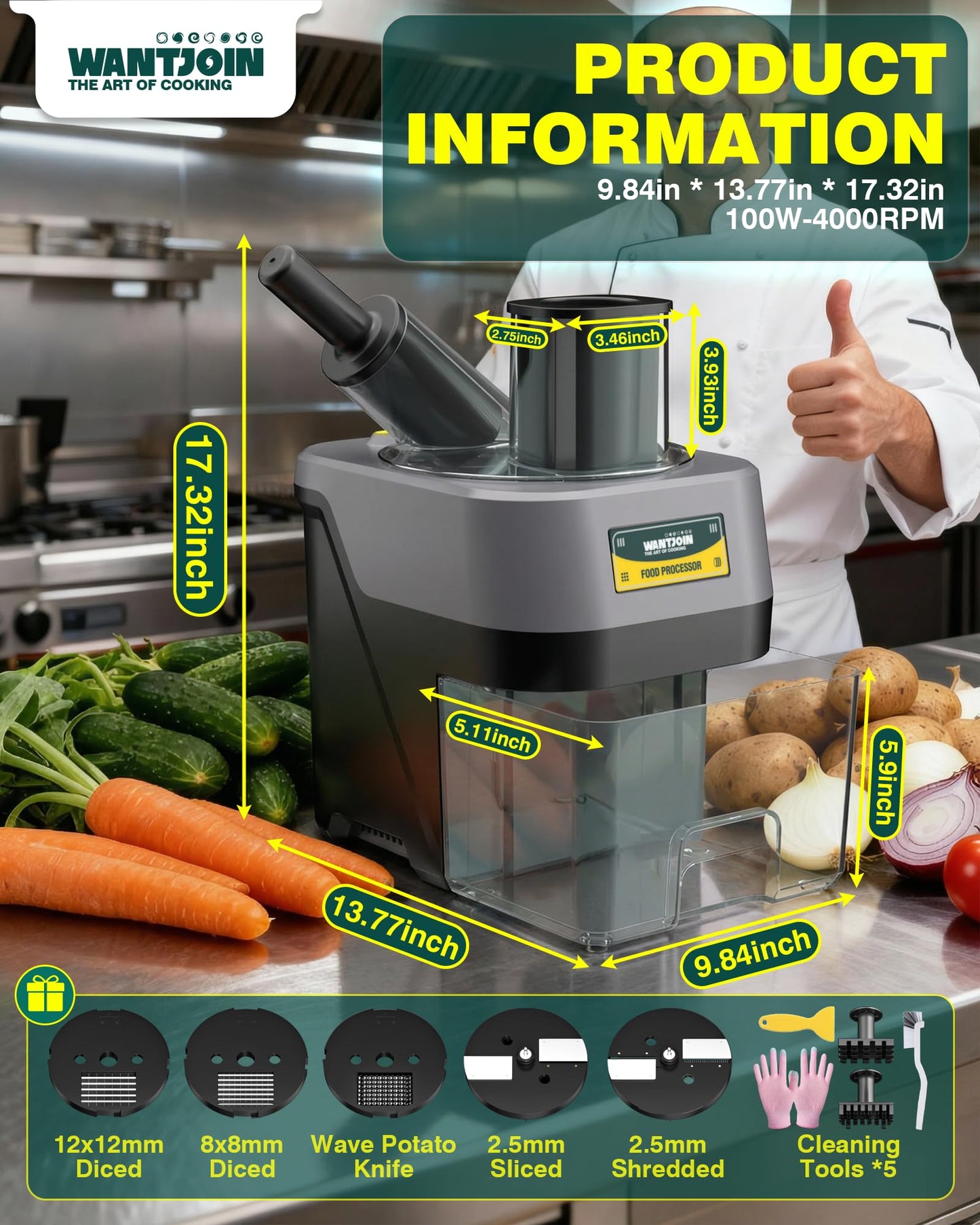WantJoin 6 in 1 Electric Vegetable Chopper - Multifunctional Commercial Food Processor w/Magnetized Tray, Stainless Steel Blades for Slicing,Dicing,Chopping,Shredding,Wave Cutting,Diagonal Cutting