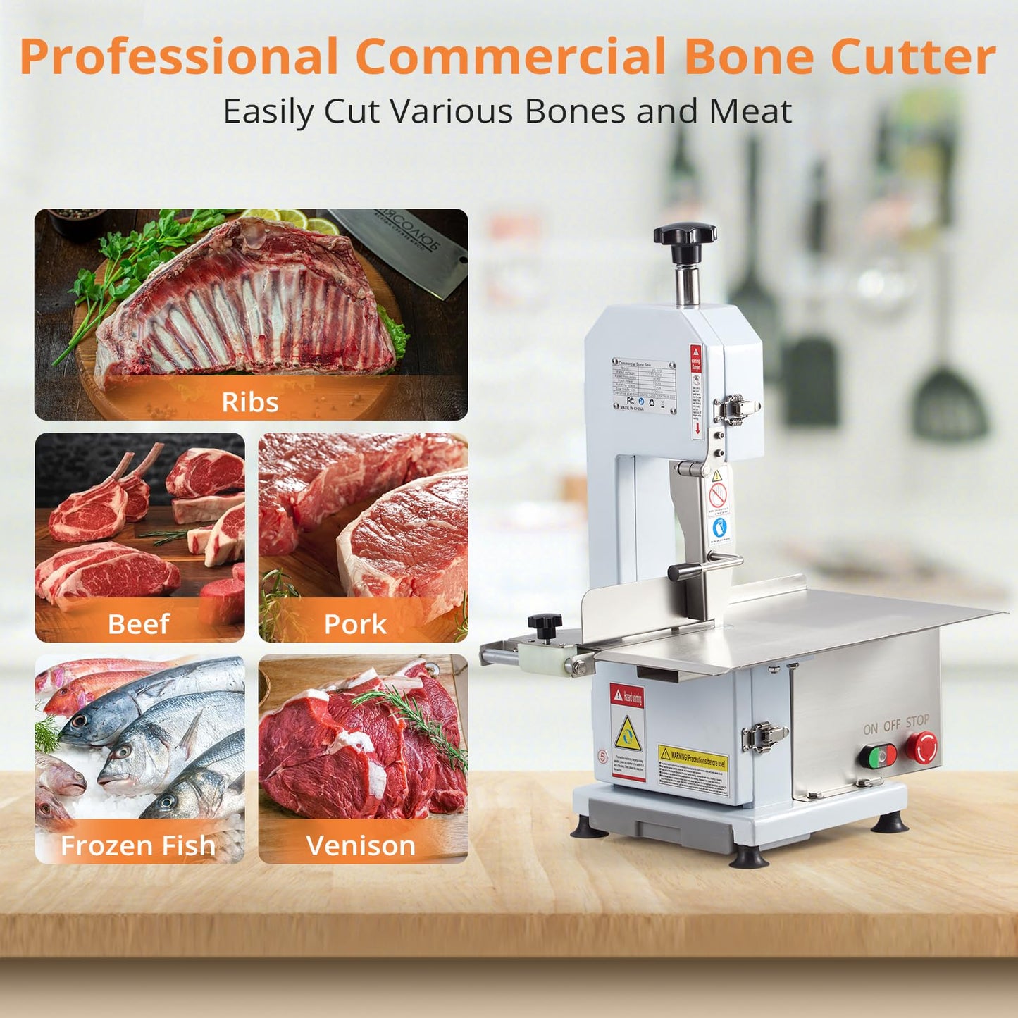 Bone Saw for Butchering, 550w Commercial Bandsaw Machine, Heavy-Duty Electric Meat Saw with 6 Blades, Cuts Up to 5.7 Inches Thick, Rustproof 19.3"x12.4" Table, for Frozen Beef, Pork & Chicken