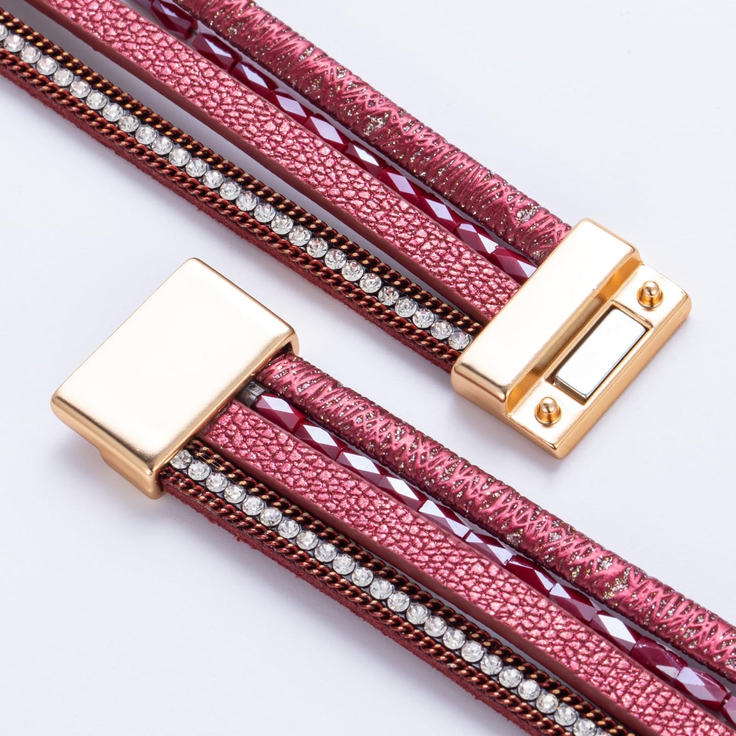 FANCY SHINY Boho Leather Wrap Bracelet Stackable Chunky Crystal Cuff Bracelets with Magnetic Clasp Cowboy Cowgirl Western Summer Beach Outfits Jewelry Gifts for Women (7.7", Burgundy)