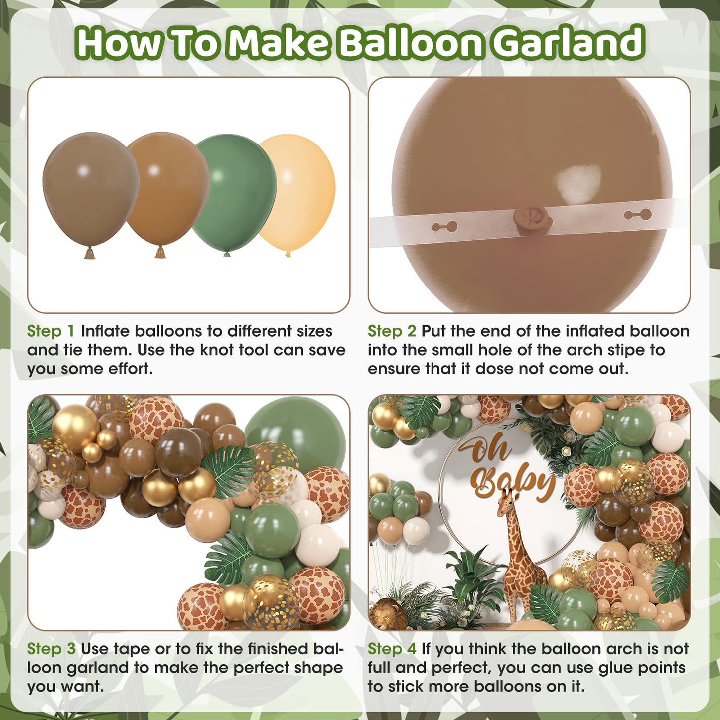 170Pcs Jungle Safari Balloons Garland Kit, Safari Baby Shower Decorations Sage Green Brown & Animal Print Balloons Palm Leaves for Woodland Themed Giraffe Wedding Two Wild One Birthday Party Supplies