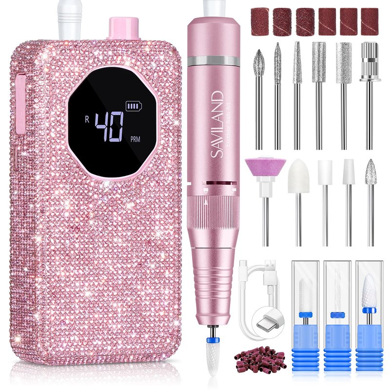 SAVILAND Professional Nail Drill 40000 RPM: Portable Diamond Nail Drill Kit Rechargeable 4000 mAh Electric Nail File for Thick Acrylic Nails with Ceramic Nail D rill Bits Sanding Bands Nail Tech Salon