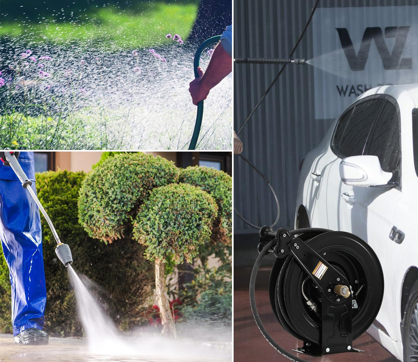 Retractable Pressure Washer Hose Reel, Heavy Duty Steel Professional Power Wash Hose Reel ，Double Arm 50FT x 3/8" with 5 ft Lead for Water/Air/Oil，4000 PSI [Pressure cleaning hose not included ]