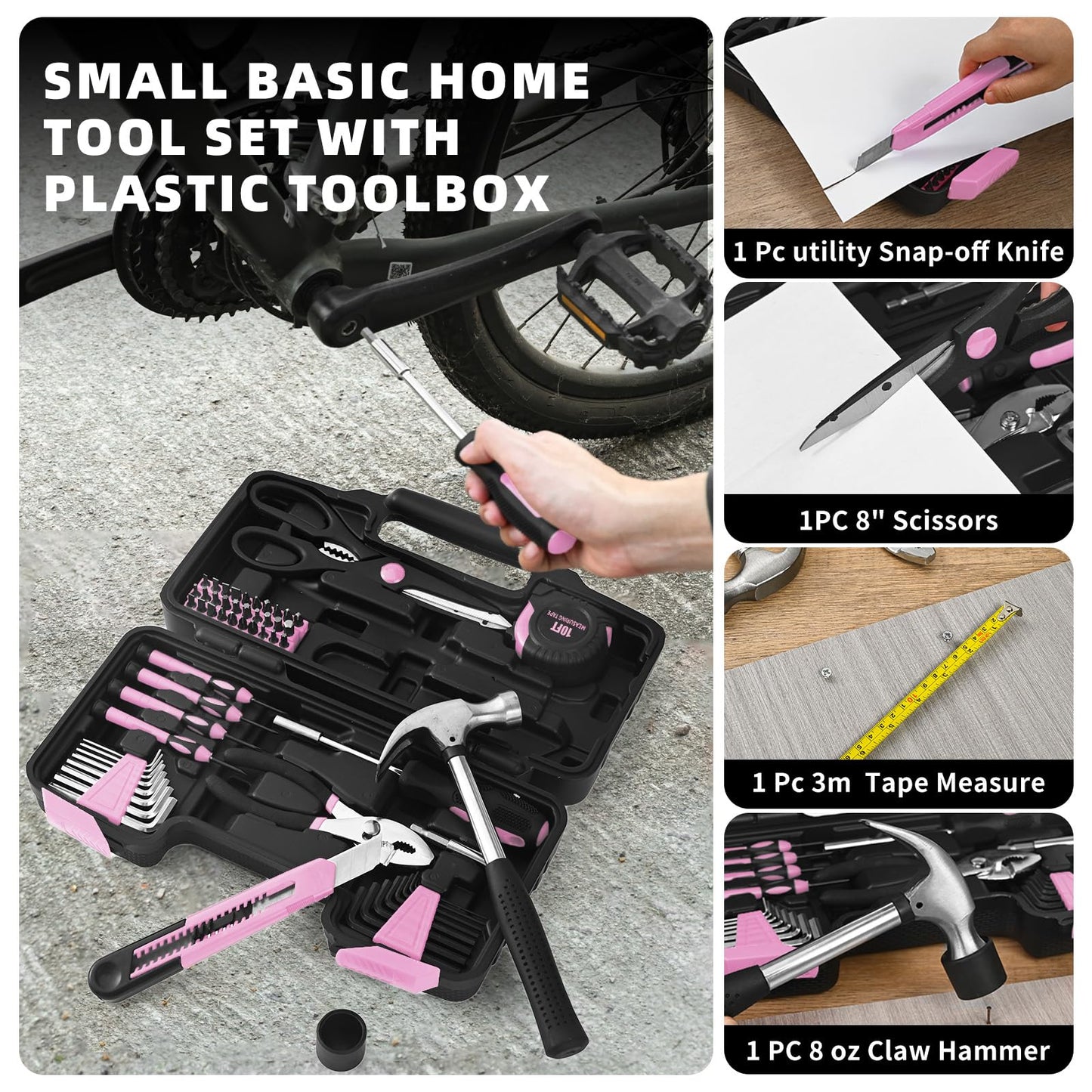 GETFOO 58-Piece Pink Home Tool Set | Basic Household Hand Kit for Women Girls Ladies | All Purpose Small Tool Kit with Storage Toolbox for Home Repair DIY