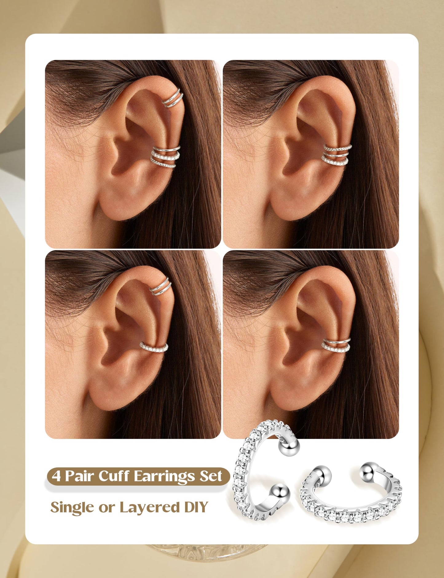 LOLIAS 4 Pairs Ear Cuffs Non Piercing - White Gold Plated Ear Cuff Earrings for Women Ear Cuff for Non Pierced Ears Clip on Cartilage Earring Dainty Adjustable Fake Earrings Set