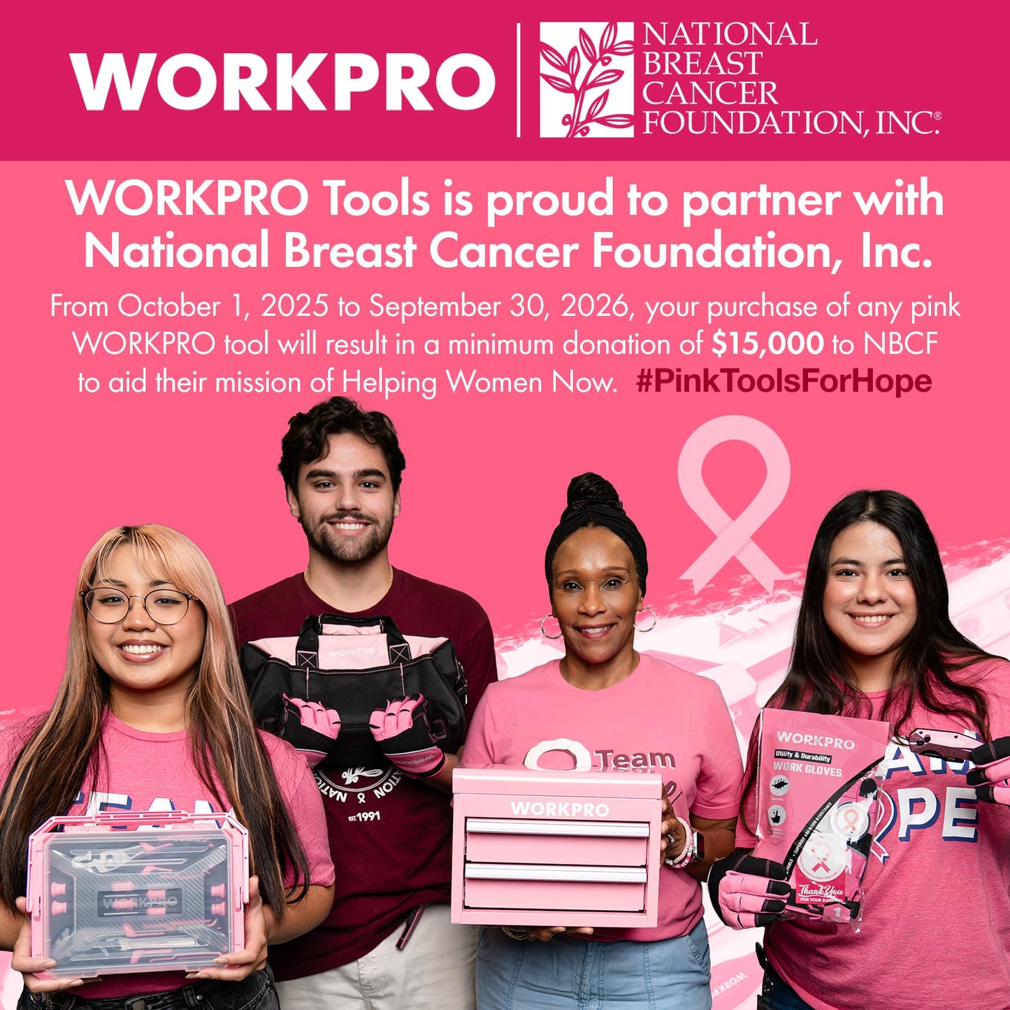 WORKPRO Pink Tool Set, 277 PCS Home Repairing Tool Kit, Pink Tool Bag with 13-Inch Wide Mouth Open Storage Bag, Portable Home Tool Kit Including Hammer, Screwdriver, and Household Tools - Pink Ribbon