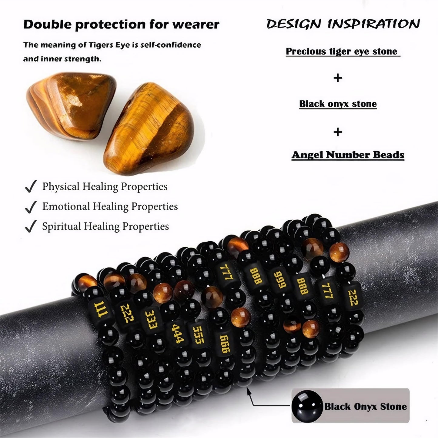 Angel Number Bracelet for Women – Black Onyx & Tiger Eye Adjustable Crystal Bracelet for Healing, Protection, Manifestation – Spiritual Jewelry Gift Box Included - 555