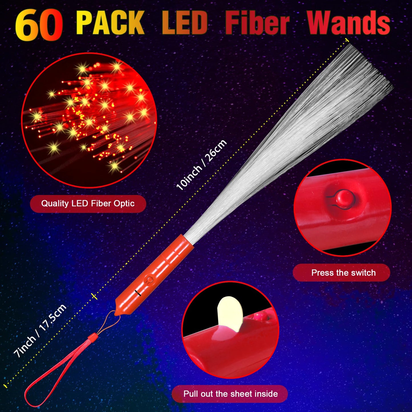 YOFOBU 60 Pack Red Fiber Optic Wands Glow Fiber Wands Bulk LED Light Up Wands with 3 Flashing Modes LED Flashing Sticks for July 4th Halloween Christmas Valentine's Day Wedding Birthday