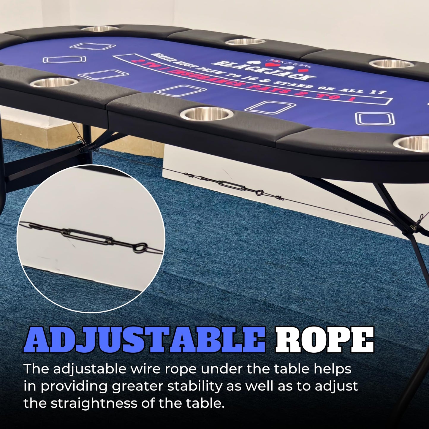 8 Player Poker Table with 2 Interchangeable Game mats, Texas Holdem Poker and Blackjack, Collapsible Casino Table with Padded Rails and XXL Cup Holders for Wine and Whiskey Glasses, (71 in) - Blue