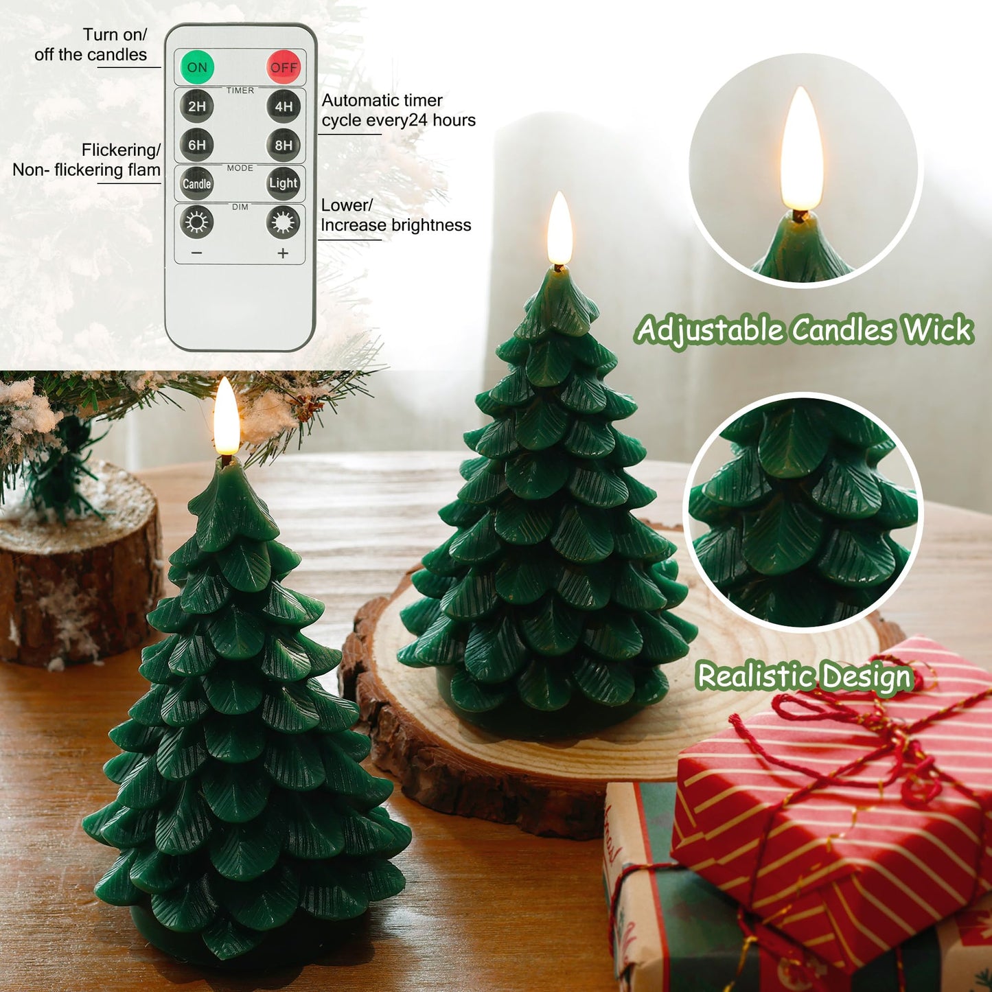 JOIONE Christmas Tree Flameless Candles with Remote Timer, Battery Operated Flickering Candles, LED Real Wax Candles for New Year Celebration, Christmas Decor, Set of 2, Green (3.15" X 7.48"")"