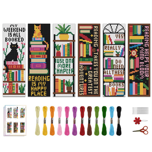 ACRNIGHEET 6PCS Cross Stitch Bookmark Kits Bookshelves Words Pattern Counted Cross Stitch Kits for Beginners Adults DIY Stamped Embroidery Bookmarks with Instructions Hand Embroidery Craft Gift