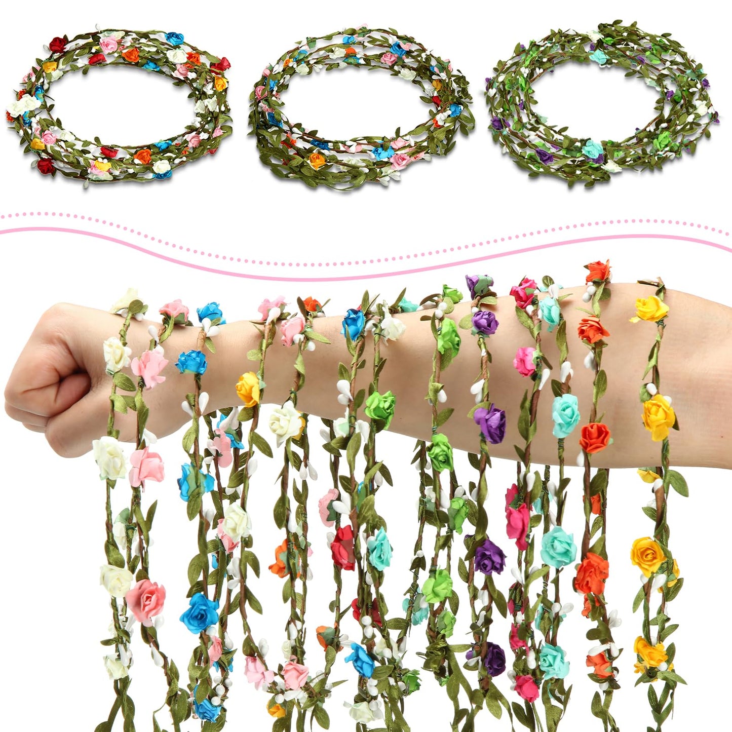 WILLBOND 28 Pcs Flower Crown Headbands, Adjustable Floral Garland Crowns for Adults, Fairy Party, Birthday & Festival Party Favors