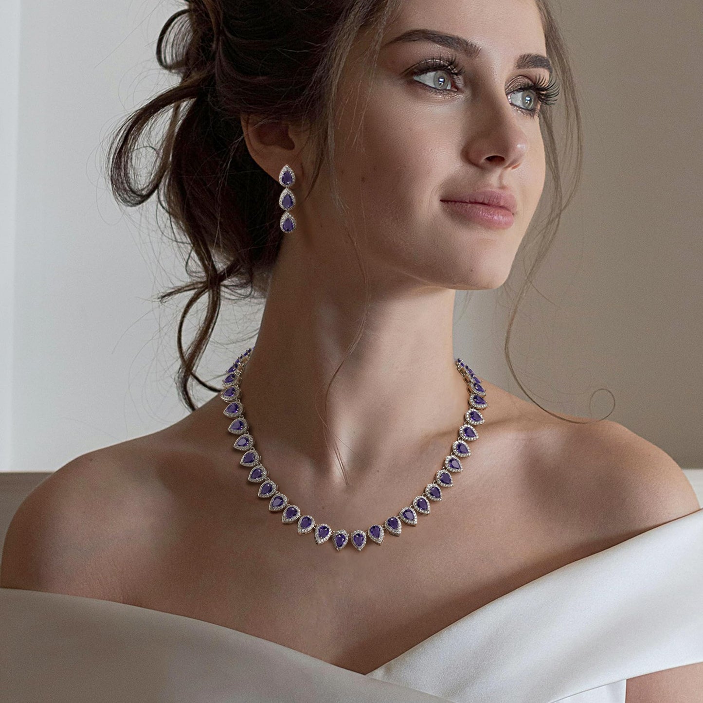 EleQueen Women's Wedding Bridal Full Prong Cubic Zirconia Teardrop Necklace Earrings Set for Brides Bridesmaids Amethyst Color