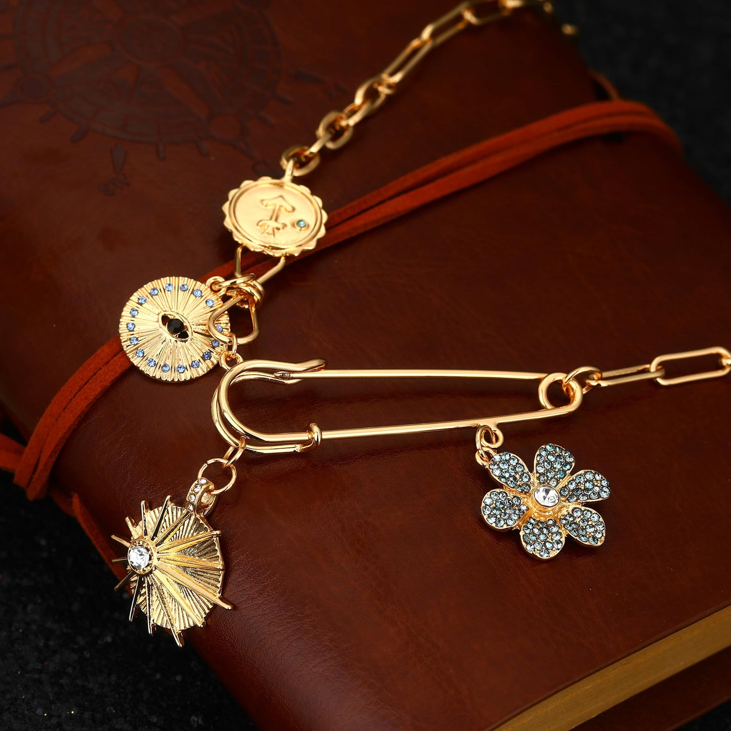 MISS RIGHT Charm Necklace for Women Dainty Gold Evil Eye Safety Pin Necklace, Good Luck Sun Coin Charms Pendant Paperclip Chain Necklace Amulet Jewelry Gift Blue Flower