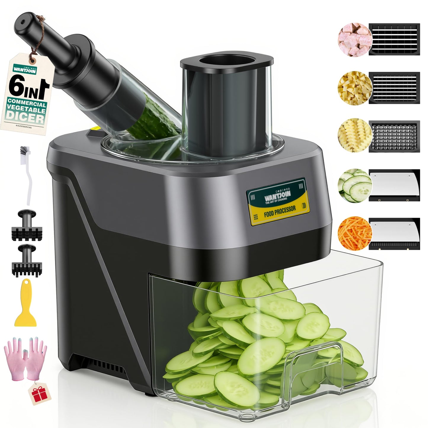 WantJoin 6 in 1 Electric Vegetable Chopper - Multifunctional Commercial Food Processor w/Magnetized Tray, Stainless Steel Blades for Slicing,Dicing,Chopping,Shredding,Wave Cutting,Diagonal Cutting