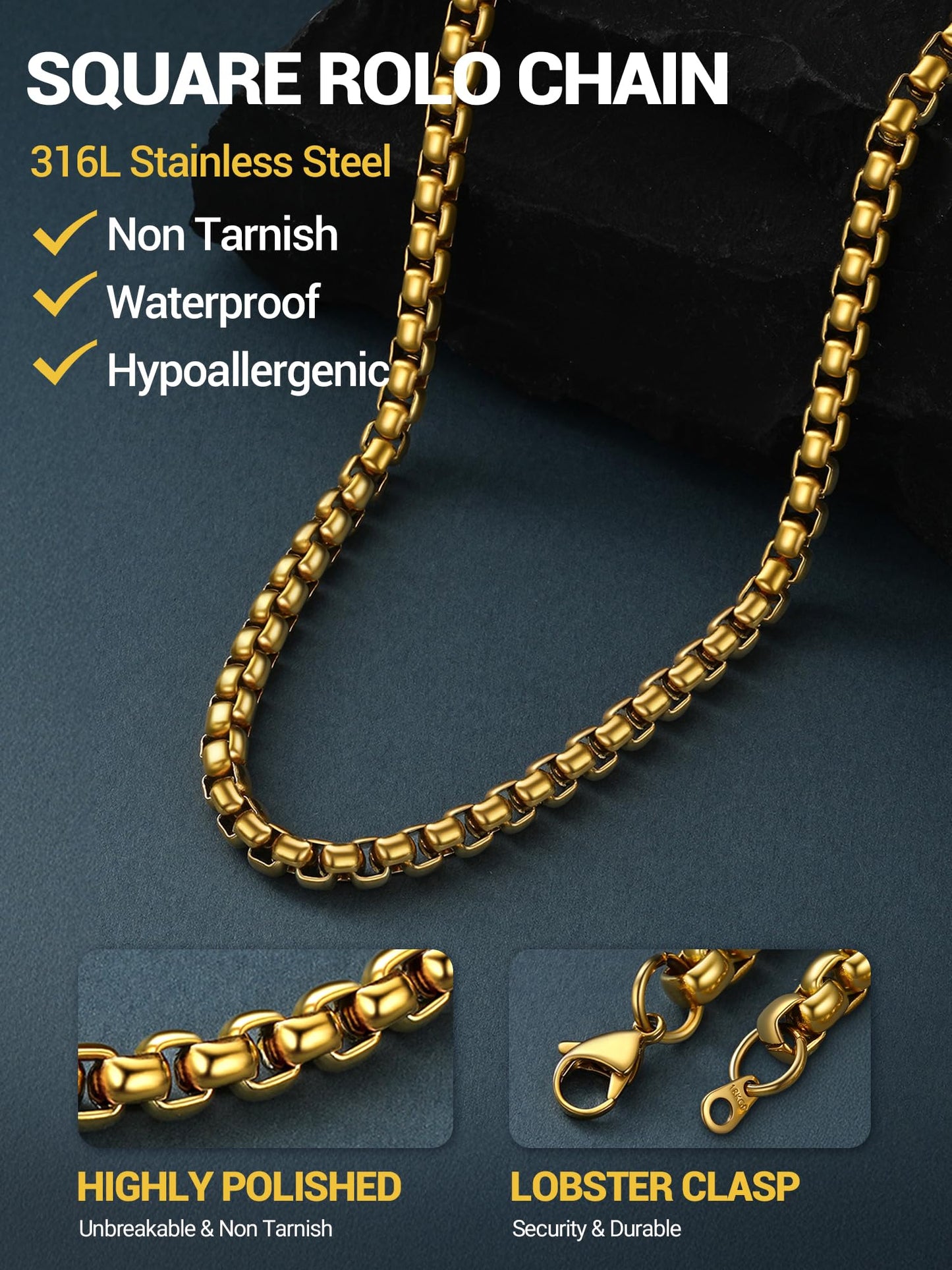 PROSTEEL Squre Rolo Link Chains, 18K Gold Chain Necklace Waterproof & Non Tarnish 6mm Stainless Steel Link Chains for Men and Women Jewelry with Gift Box 20in