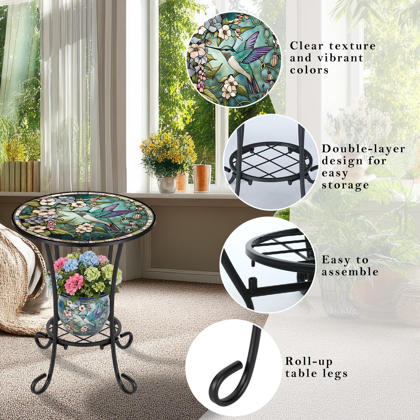 Cinnvoice Outdoor Side Table 2-Tier Round Small Mosaic Patio Accent Indoor End Plant Coffee Tea Table for Yard Patio Porch Garden Living Room, Bedroom(Hummingbird Style,14 Inch)