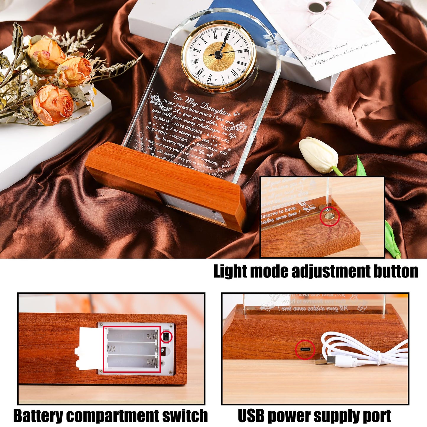 Arikyrist Daughter Gifts from Mom Dad Glass Daughter Clock with Wooden LED Light Base Inspirational Birthday Christmas Graduation Gift for Daughters Lovely Decor for Table Home