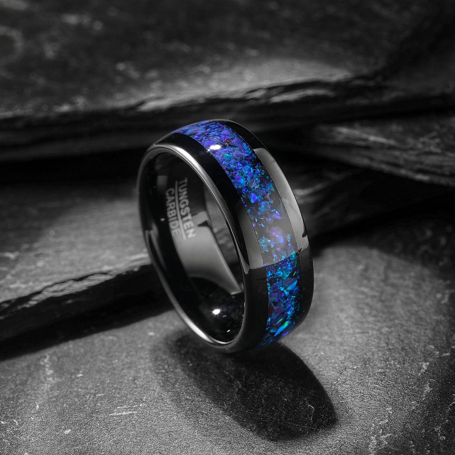 NUNCAD Mens Tungsten Wedding Bands Blue Opal Inlaid Men Black Ring Wedding Ring Dome Polished Finish 8mm Comfort fit Sizes 11