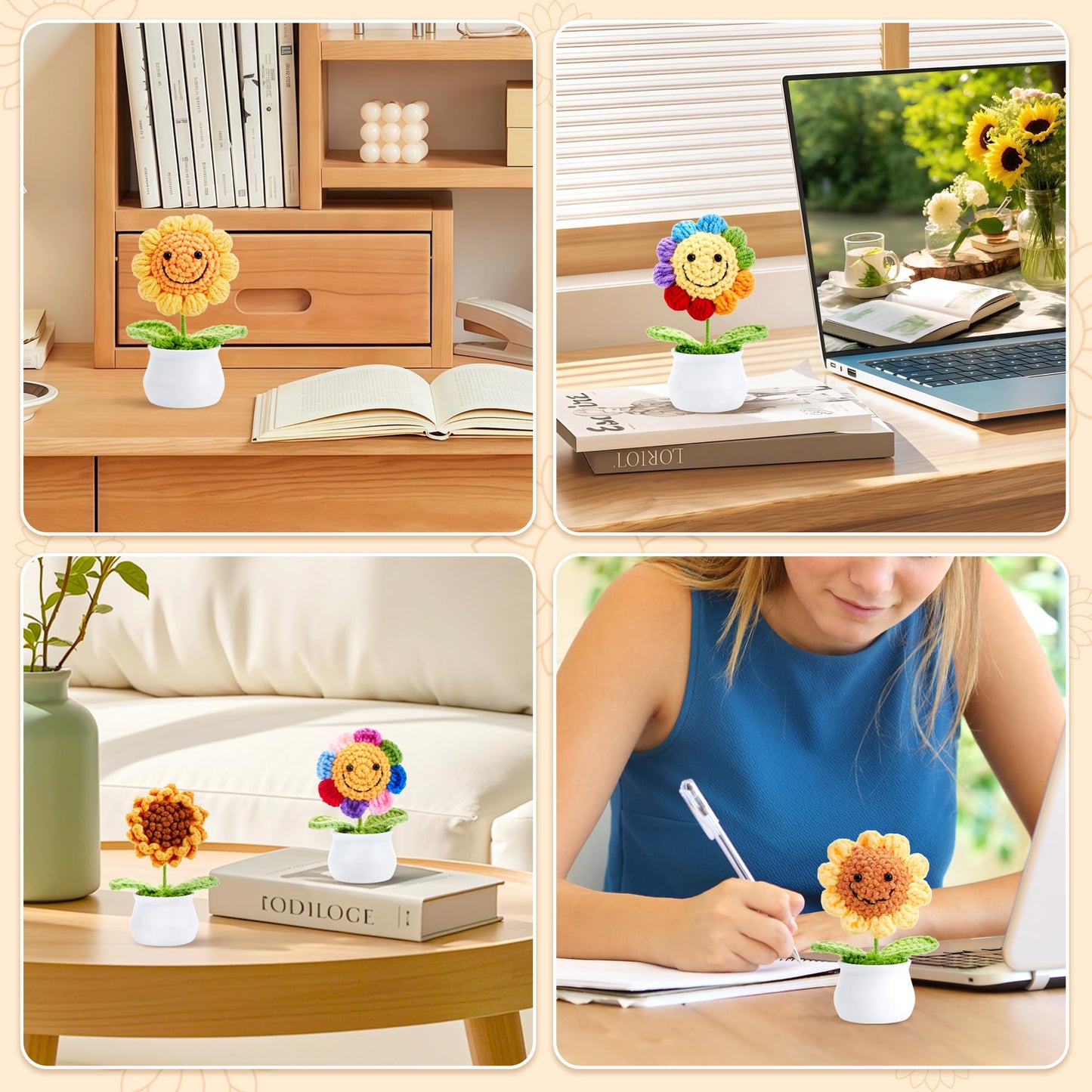 LAIDANLA Golden Yellow Crochet Sunflower Funny Positive Thank You Small Gifts for Women Teacher Coworkers Friends Cute Encouragement Appreciation Crochet Flowers Pot for Office Desk Decor