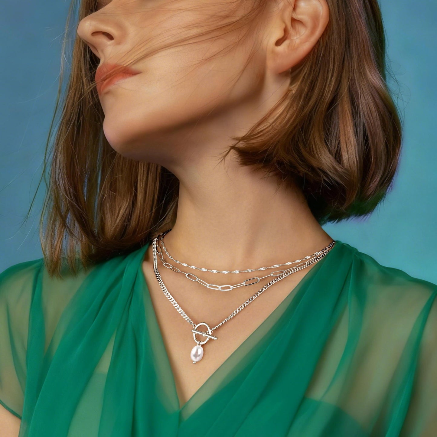 Layered Pearl Toggle Necklaces for Women Dainty Silver Plated Stack Trendy Choker Simple Paperclip Chain Pearl Pendant Toggle Necklace Jewelry Set Gifts for Women