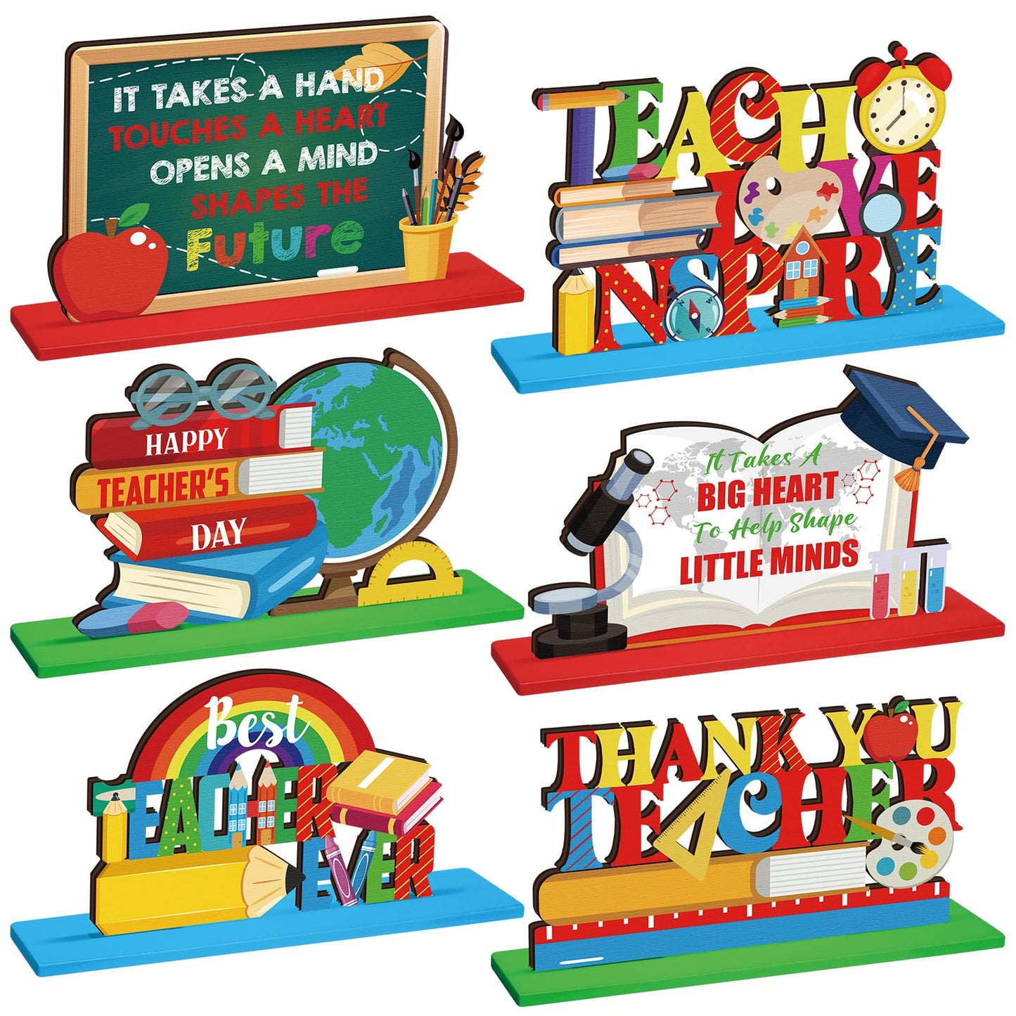 Suzile 6 Pcs Teacher Appreciation Table Decoration Centerpieces Best Teacher Wooden Table Sign Thank You Teachers Desk Decorations Gifts for Teacher Appreciation Home School Classrooms Desks Decor