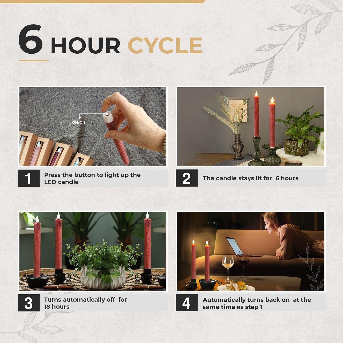 comforder Flameless Taper Candles – Flickering LED Flame with 6H Timer – Real Wax, Ribbed Design – Battery Operated Set of 2 – 10" Tall (Burgundy Red)"