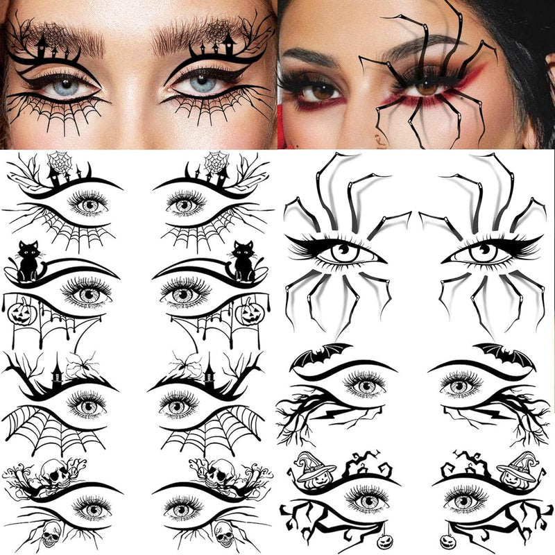 Halloween Eye Shadow Temporary Tattoos - 7 Sheets of 3D Spider Web & Cat Skull Designs | Fun Makeup Accessories for All Ages