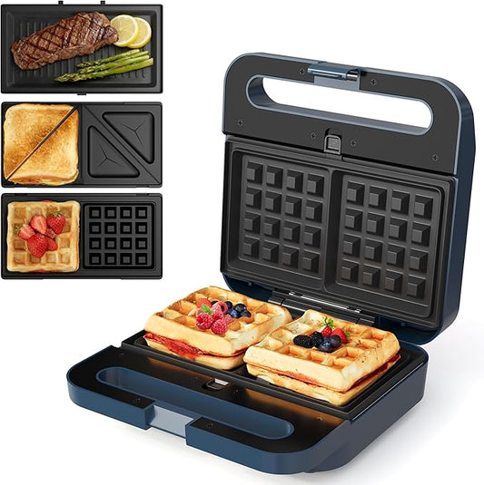 Sandwich Maker Panini Press Grill, 3 in 1 Electric Waffle Maker with Removable Non-stick Plates, Glass Top, Cool Touch Handle & Easy to Clean, 1000W