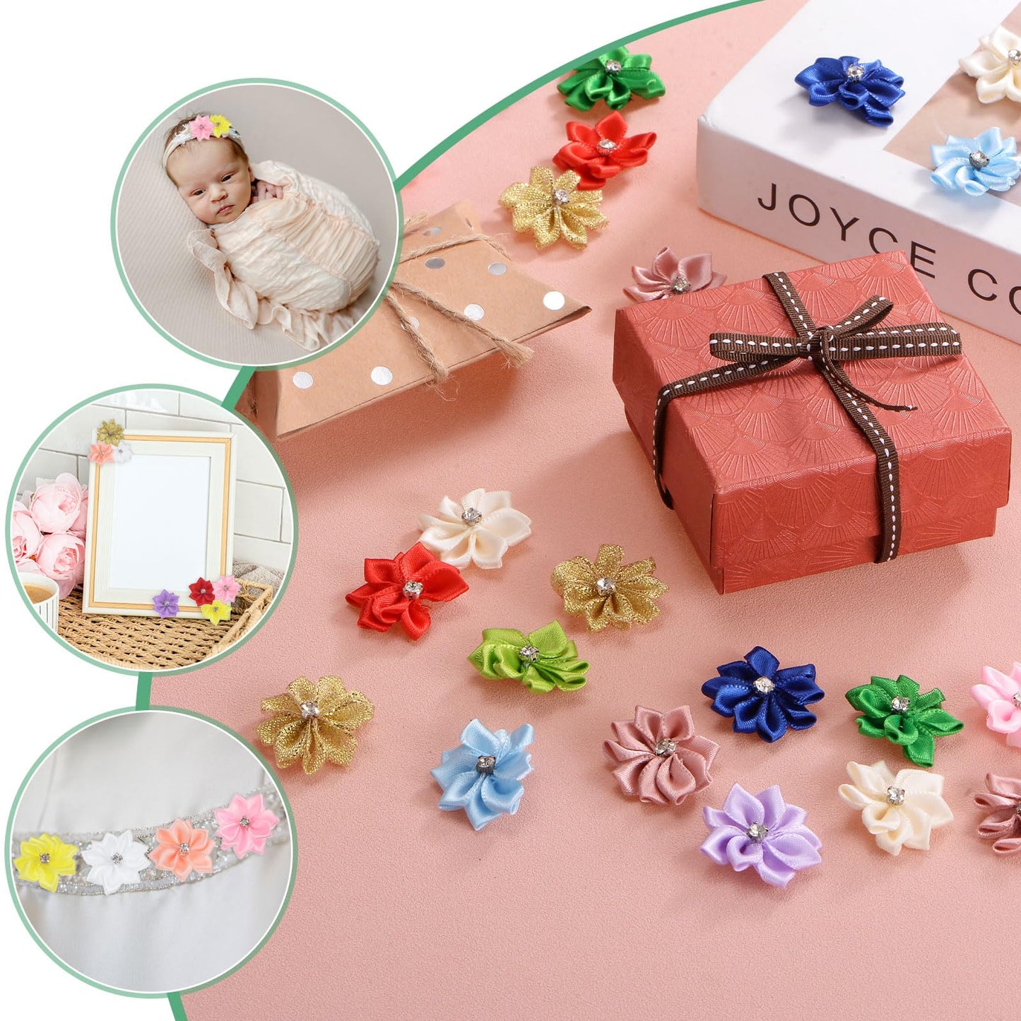 M METERXITY 200-Pack Satin Ribbon Flowers, 1.2 Inch Mini Fabric Flowers with Rhinestones Flower Ribbon Appliques for Crafts DIY/Wedding/Ornament/Party/Home [Black]