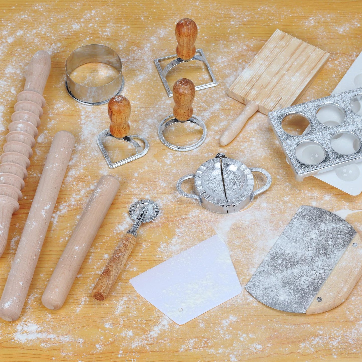 14 Pieces Pasta Making Tools Set, Ravioli Mold Set, Ravioli Maker with Roller Wheel, Ravioli Cutter Set with Wooden Handle, Pasta Making Kit for Ravioli Press Mold. Suitable for Home and Beginners