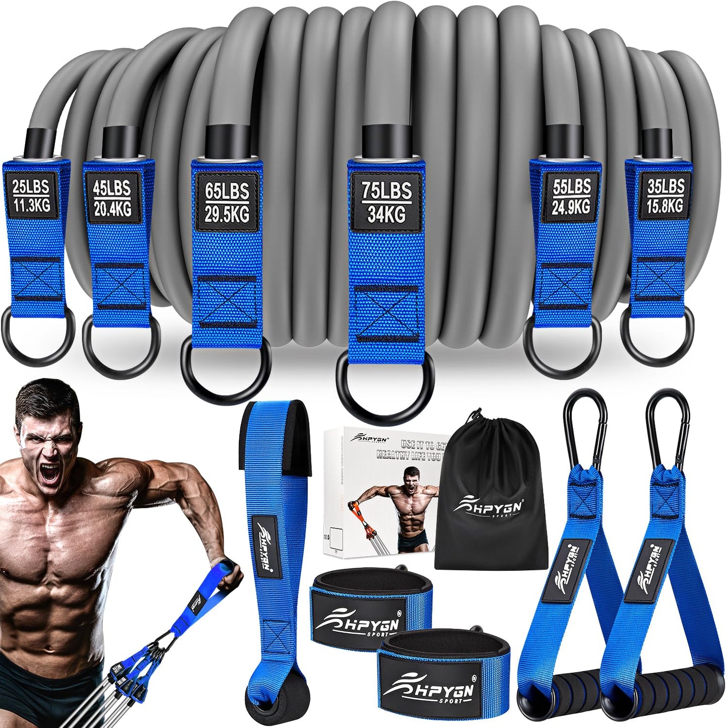 HPYGN Resistance Bands for Working Out，Heavy Exercise Bands Resistance Bands Set with Handles, Door Anchor, Legs Ankle Straps for Heavy Resistance Training, Fitness Weights Work Out at Home