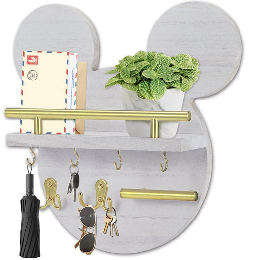 AIRPOP Key Holder for Wall–Mouse Wooden Mail Organizer Wall Mount with Shelf and 6 Hooks, Easy Installation Key Rack Hanger for Entryway Living Room Home Decor(White)