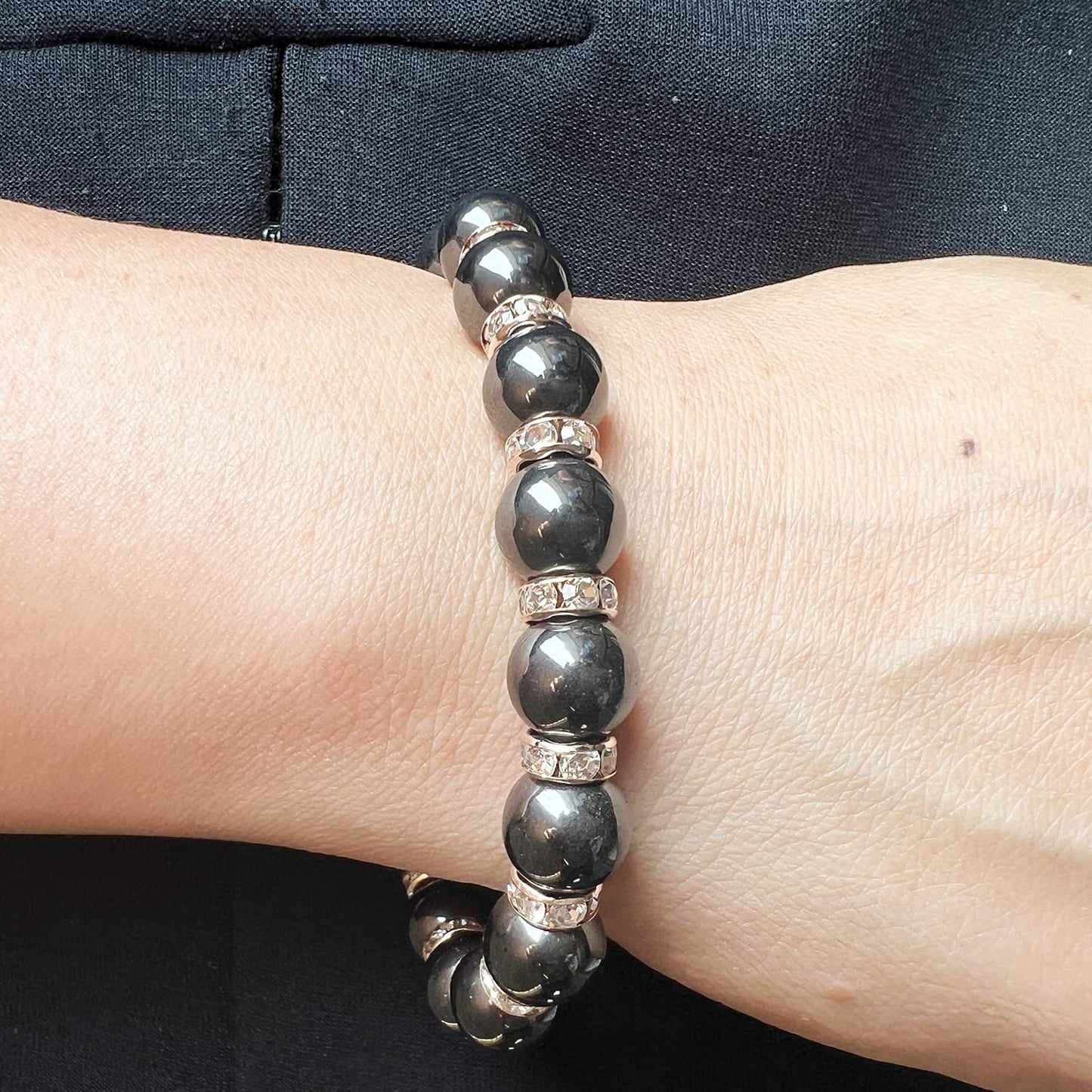 Apocalyptic-K Women's Magnetic Bracelet，Hematite Bracelets，Magnetic Bracelets With Zirconia,Handmade Stretch Bracelet，Eliminates static electricity. (Rose Gold Zirconia,10MM)