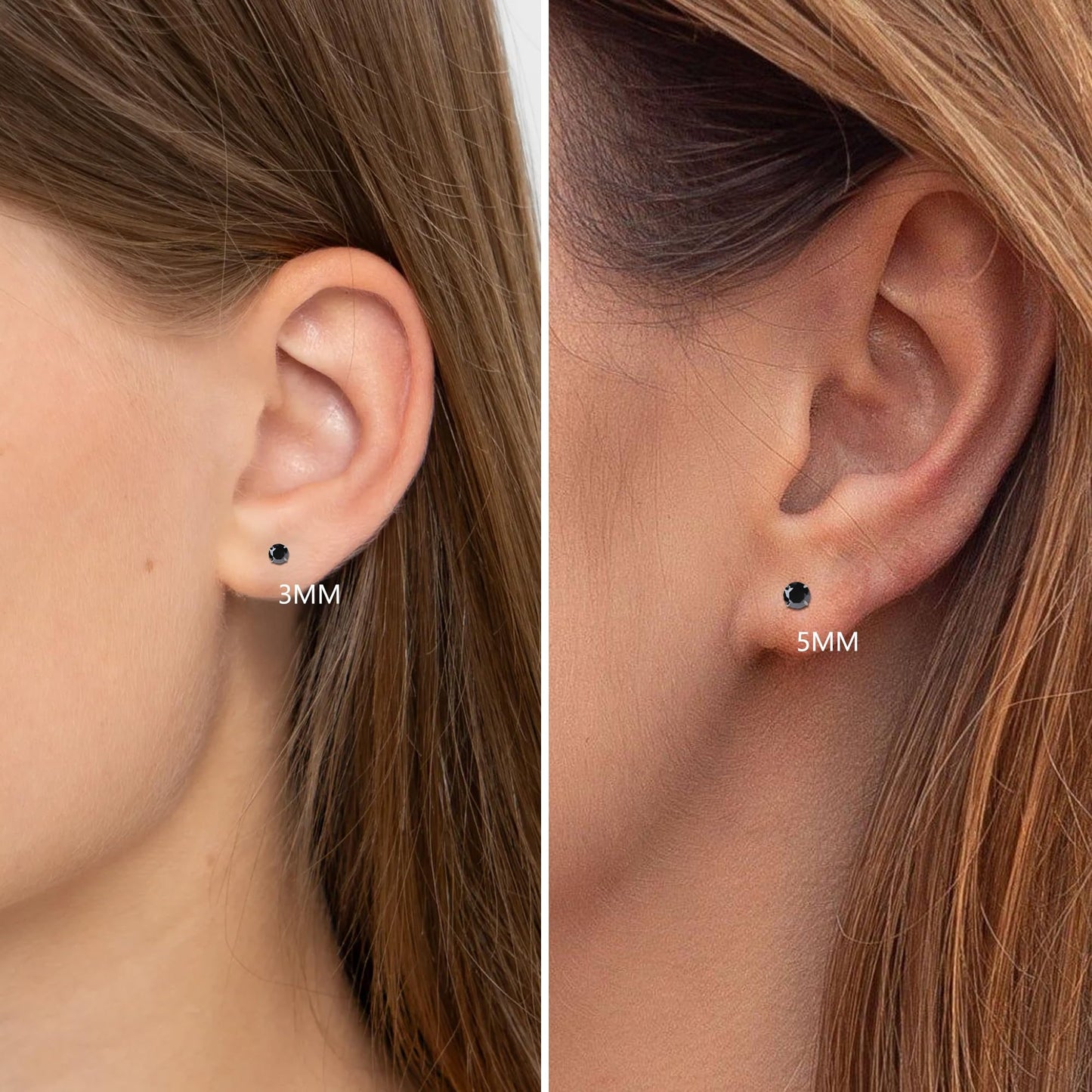 2 Pairs Flat Back Stud Earrings for Women, Nap Earrings as Black Stud Earrings for Women, Hypoallergenic Earrings for Sensitive Ears as Birthday Gifts for Her (3+5mm, Black)