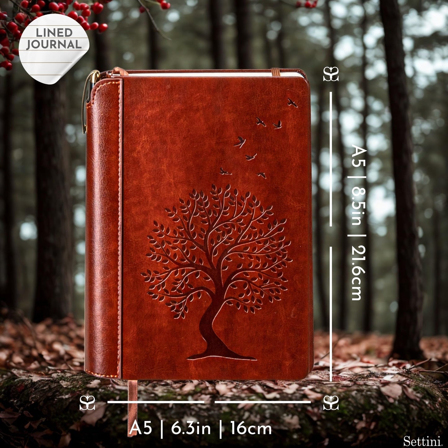 SETTINI® Tree of Life Journal Gift Set - Hardcover Vegan Leather, Unique Pen Holder, Lined, 192 Pages, A5 - Includes Pen for Writing and Travel - Mothers Day Gifts, Journal for Women