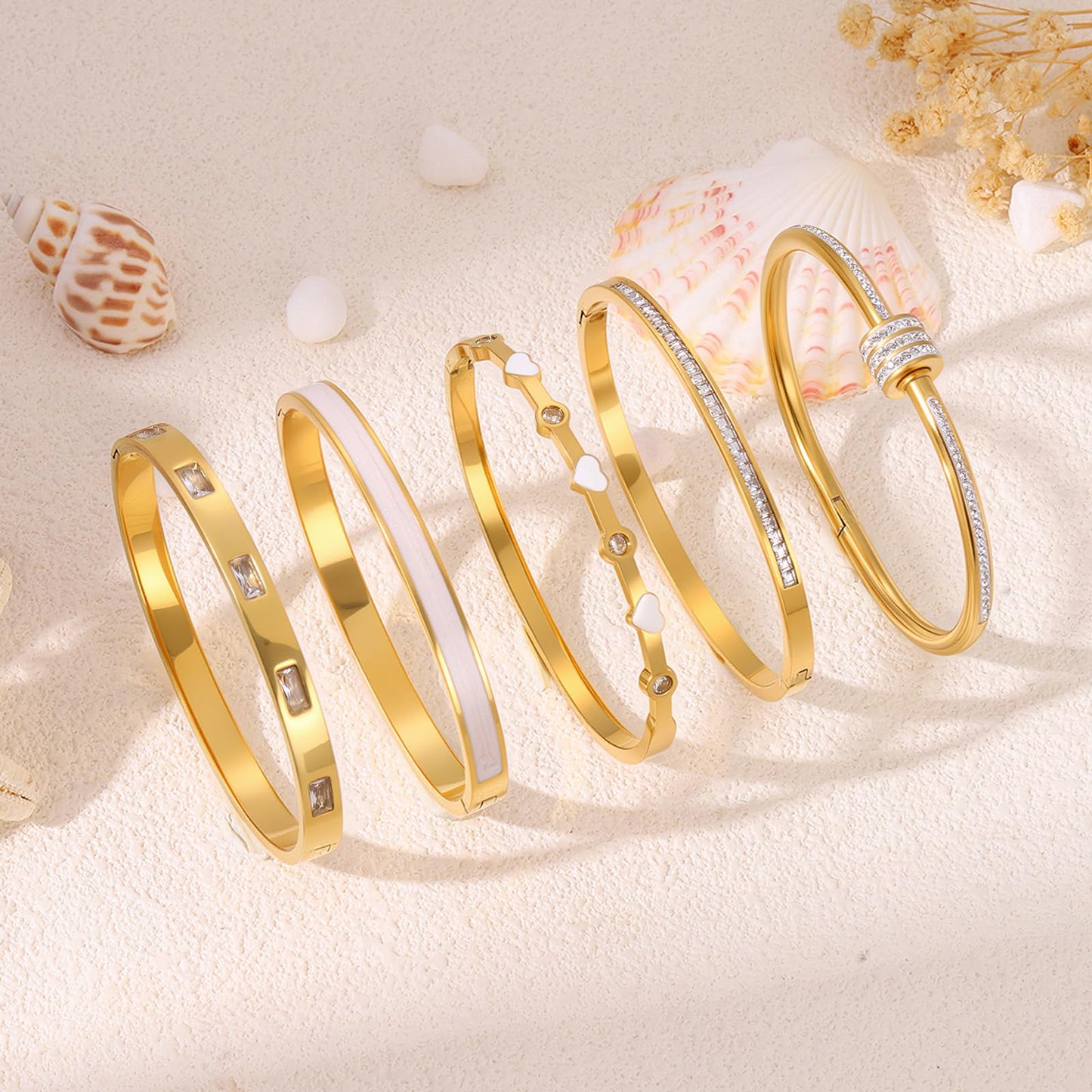 Camhanno 18K Gold Plated Stainless Steel 5-Piece Gold Bangle Bracelet Set for Women - Pink Crystal Friendship & Love Heart Design, Stackable Bangles Jewelry - Ideal Birthday Gift for Women (White)